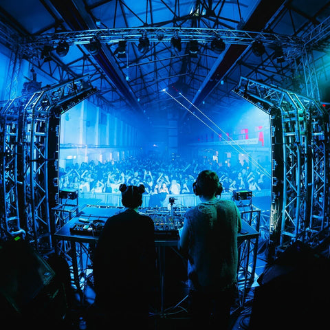 On stage with the crowd
